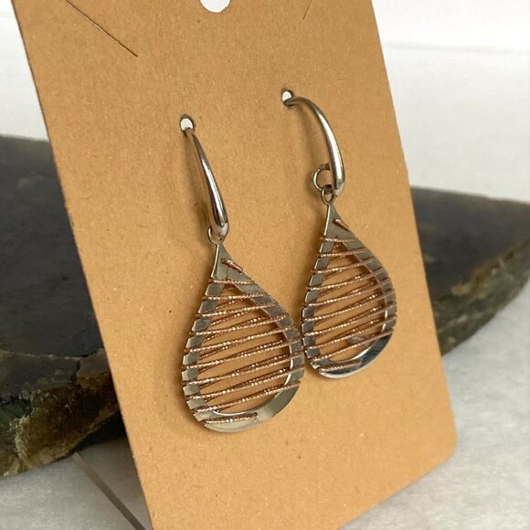 Sterling Silver 925 Italy Modernist Brass Woven Accent Teardrop Dangle Earrings - Picture 4 of 16
